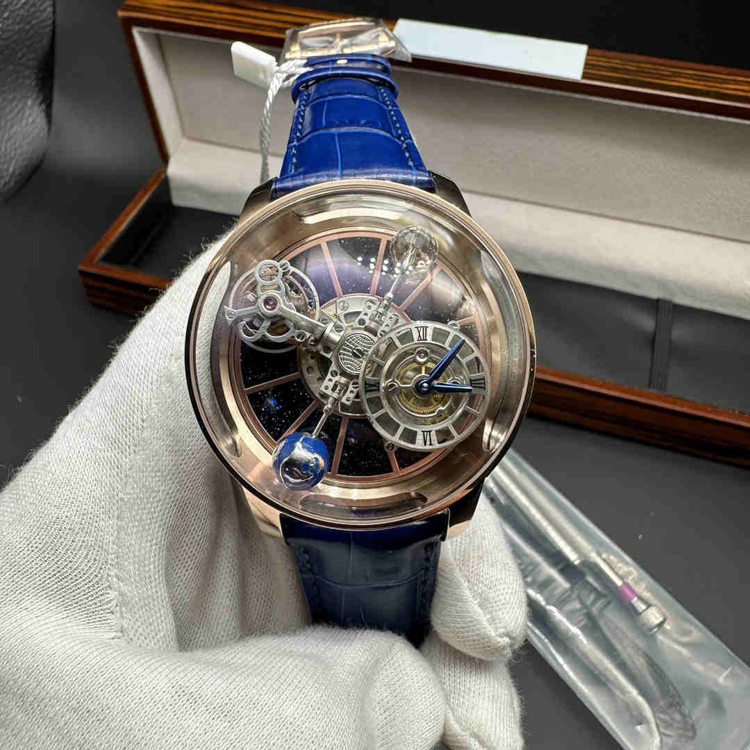 Jacob & Co Swiss manual winding movement Rose gold transparent case 47mm blue leather strap. C80