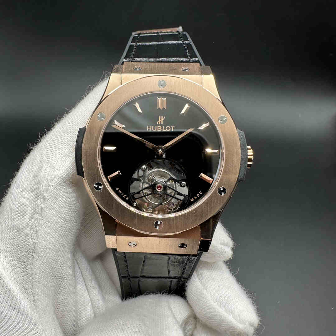 Hublot Classic Fusion Real tourbillon manual winding movement Rose gold case 42mm black dial black strap.  G50