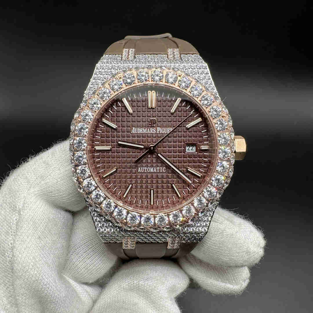 AP Royal Oak AAA automatic Two tone rose gold CZ diamonds case 42mm brown dial brown rubber strap.  B85