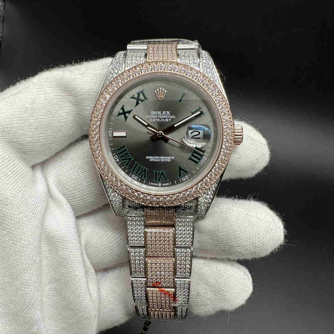 Rolex Datejust AAA automatic CZ diamonds case 40mm two tone rose gold Wimbledon oyster.  B85