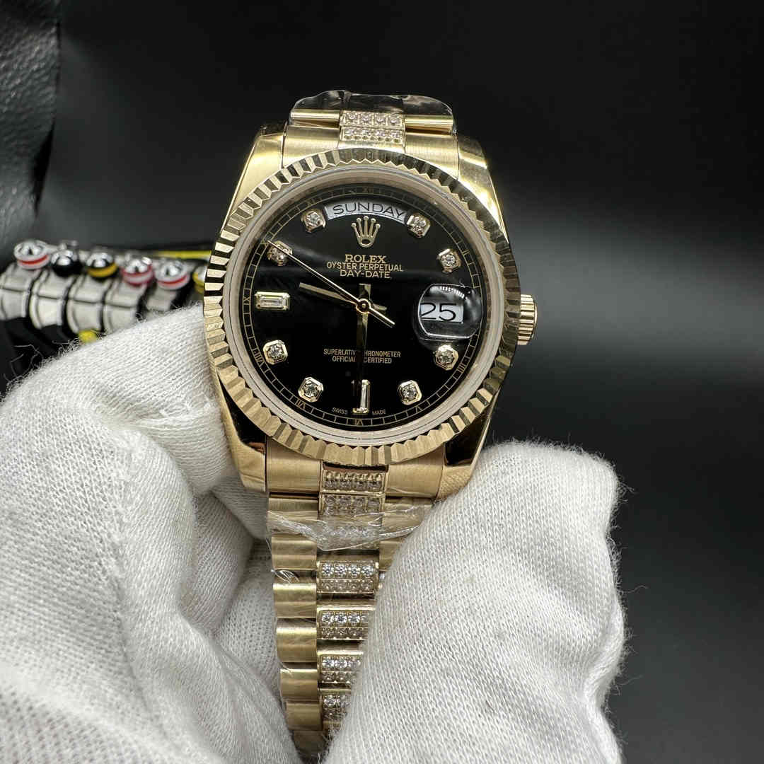 Rolex Daydate 36 AAA automatic yellow gold case 36mm black dial diamonds President bracelet.  A25