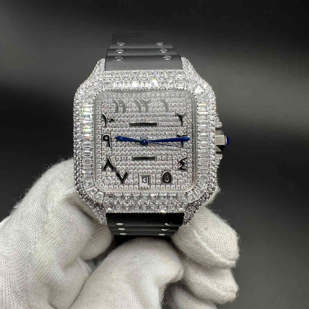 Cartier Santos TW Swiss automatic Diamonds silver case 38.5mm Baguette bezel Arabic dial Black rubber strap.  C98