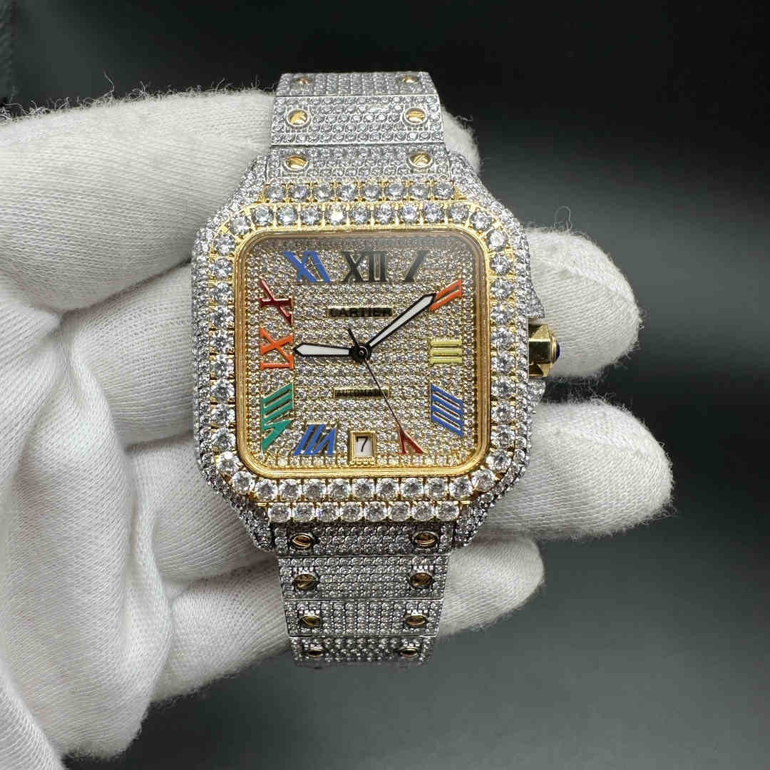 Cartier Santos AAA+ 8215 automatic 2tone yellow gold CZ diamonds case 38.5mm colorful Roman dial. E50