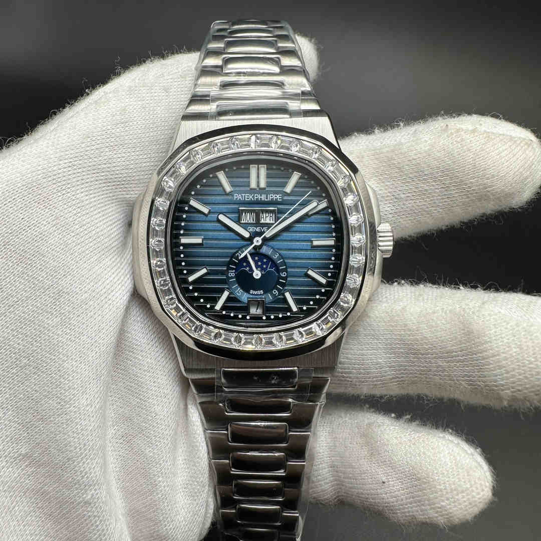 Patek Philippe Nautilus 5726 Annual Calendar Moon Phase AAA automatic 40mm blue dial Baguette bezel. A30