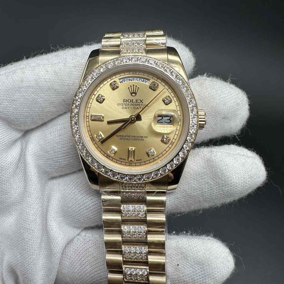 Rolex Daydate 36 AAA automatic full Yellow gold diamonds bezel diamonds president bracelet.  A28