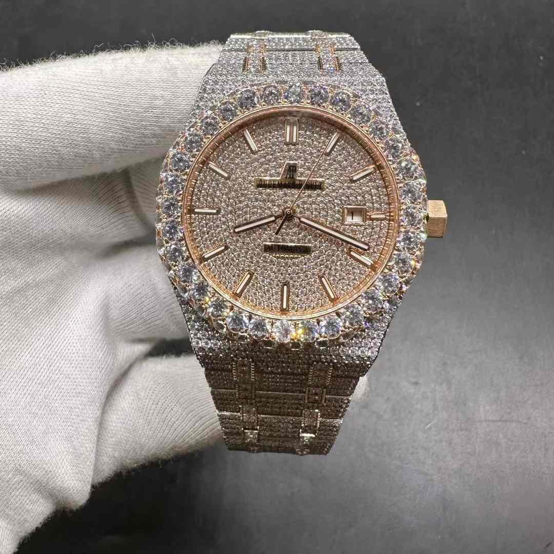 AP Royal Oak 15400 automatic full CZ diamonds Rose gold 2tone 42mm big stones bezel sapphire crystal shiny watch C50