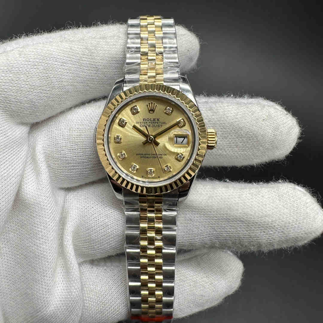 Rolex Datejust Swiss automatic two tone gold case 28mm Gold dial jubilee bracelet women watch. B85