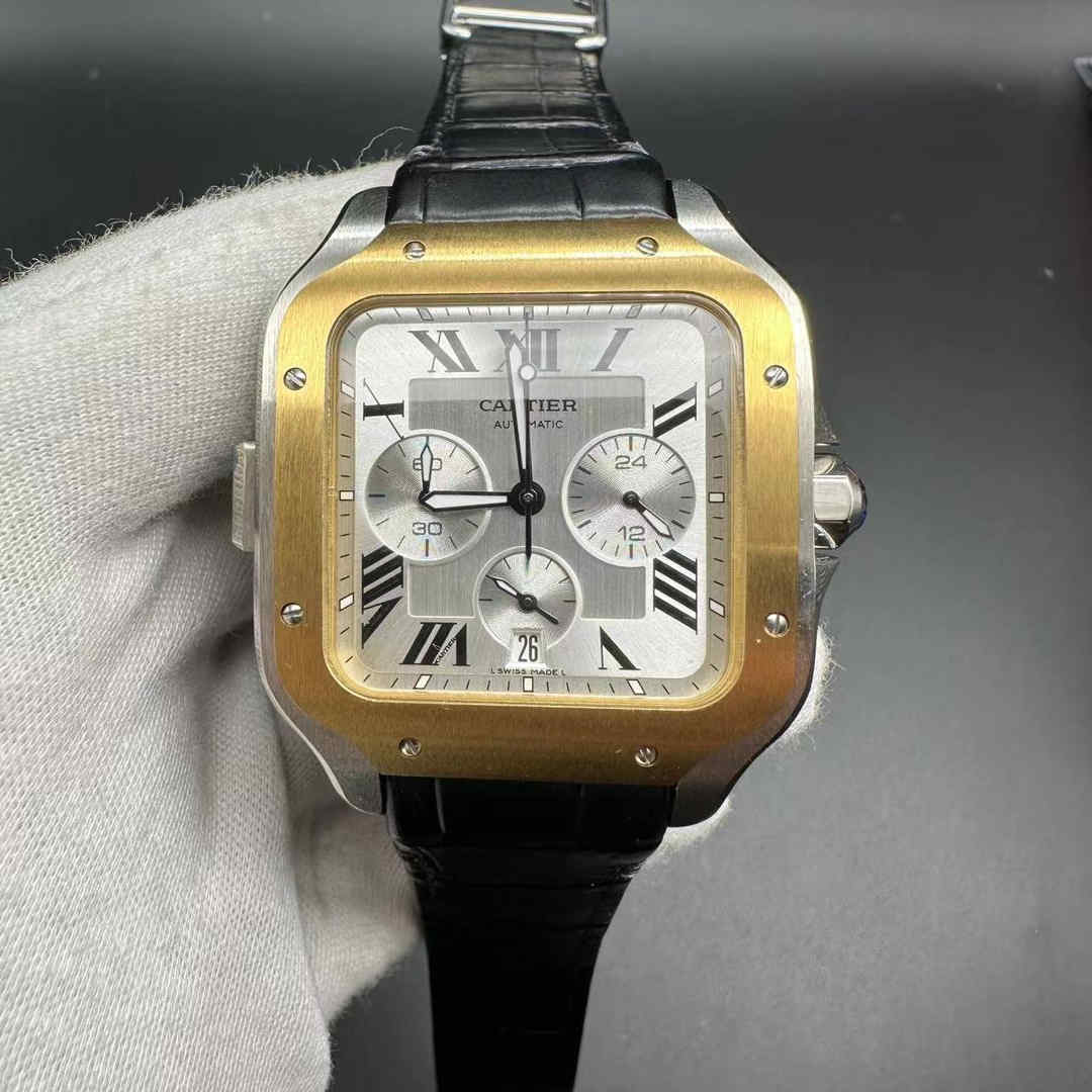 Cartier Santos Chronograph AAA quartz 2tone yellow gold case 43mm black leather strap. A15