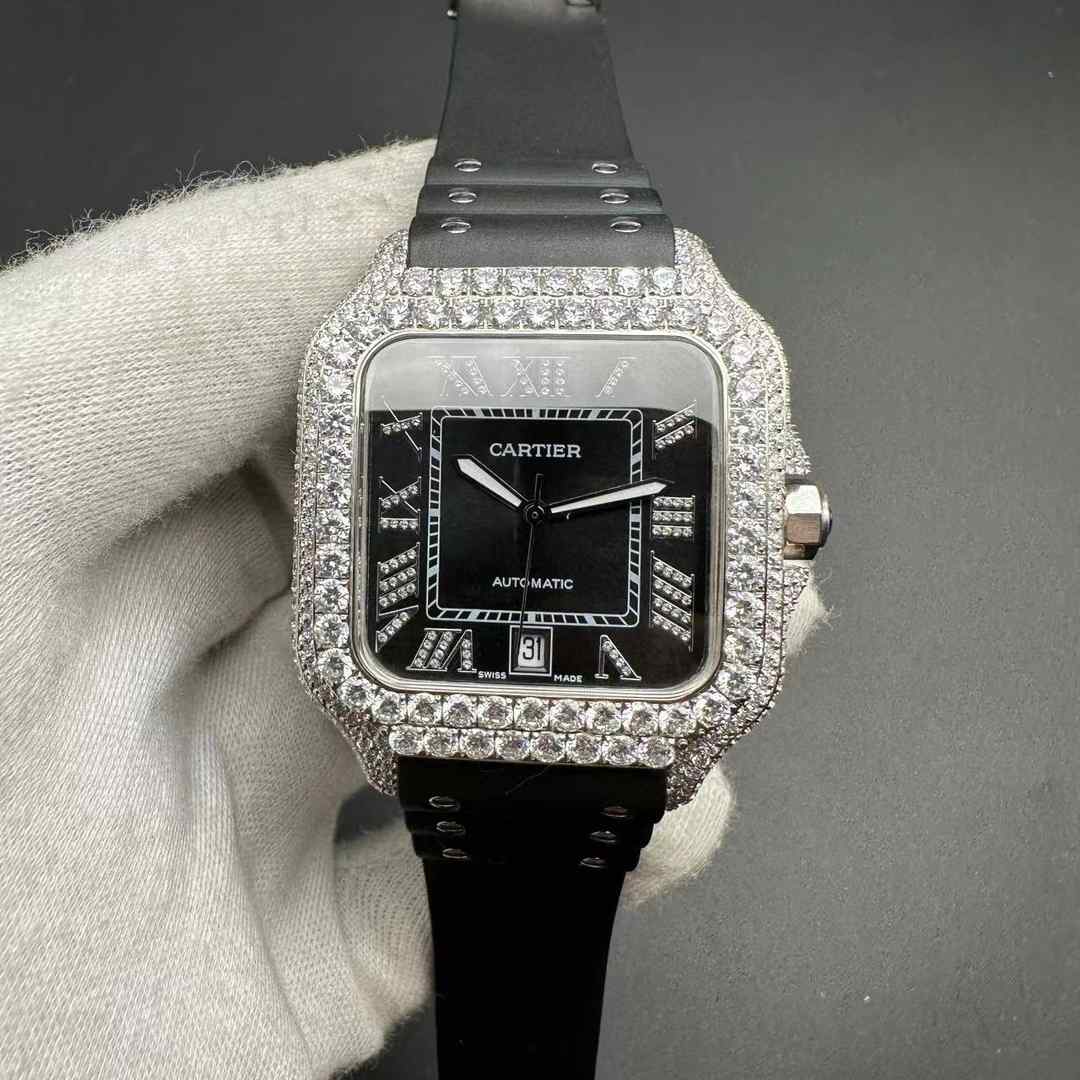 Cartier Santos AAA+ automatic diamonds case 38.5mm Roman Diamond-set numbers black dial Black rubber strap.  C80