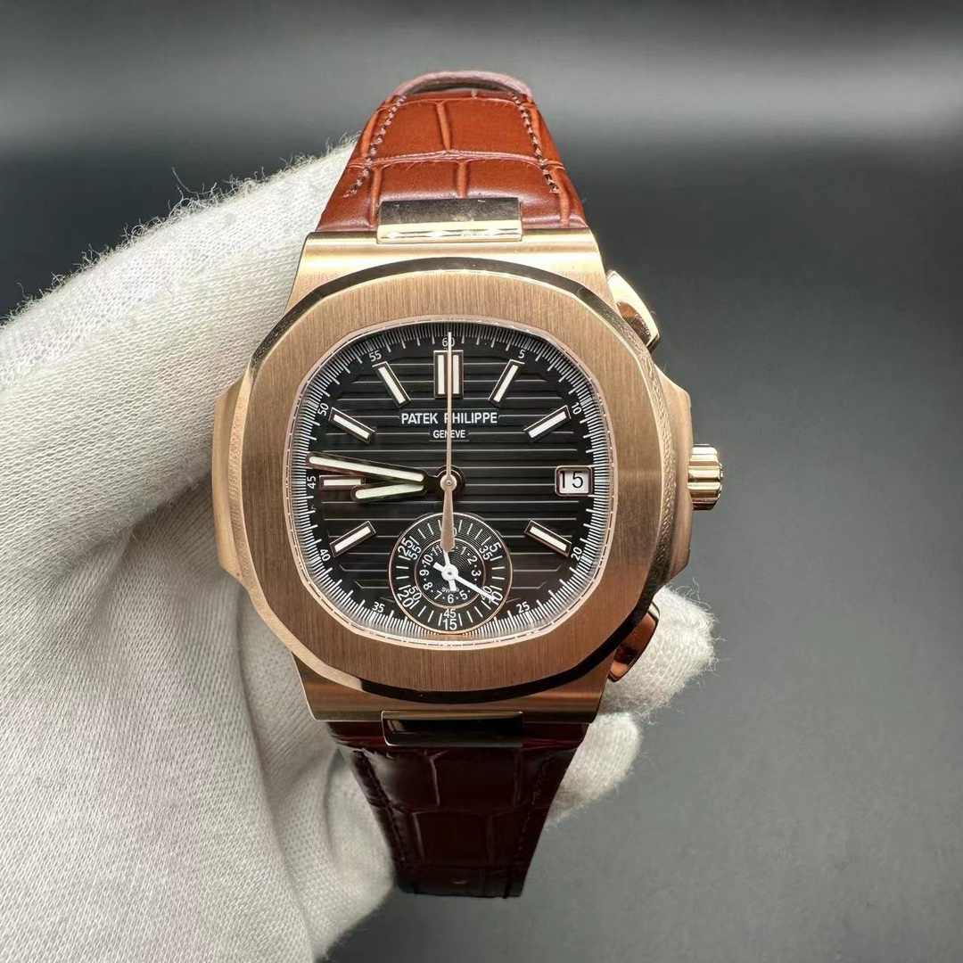 Patek Philippe Nautilus 5980 3K factory V2 version full works 7750 Rose gold case 40mm black dial brown leather. D40