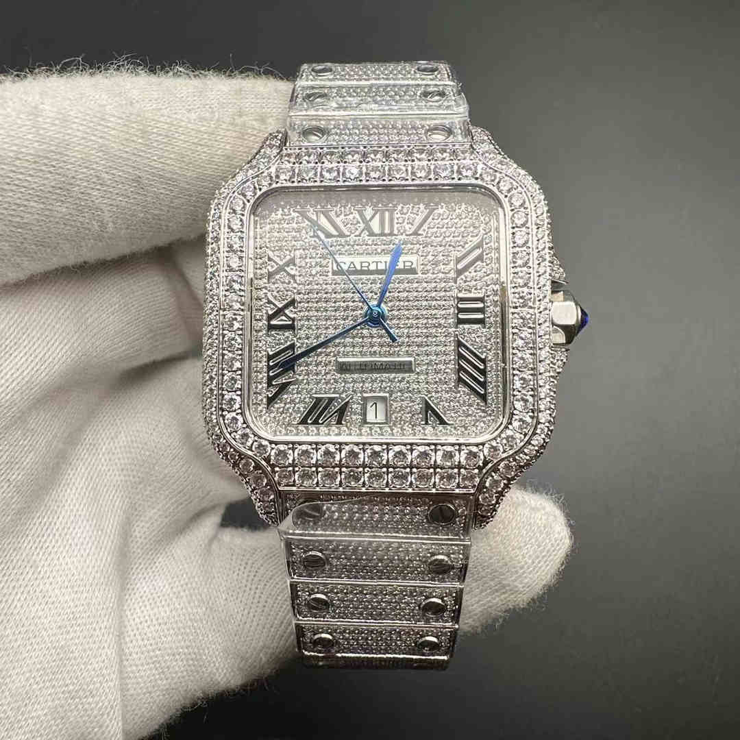 Cartier Santos AAA Bustdown CZ diamonds automatic all silver Roman dial. E20