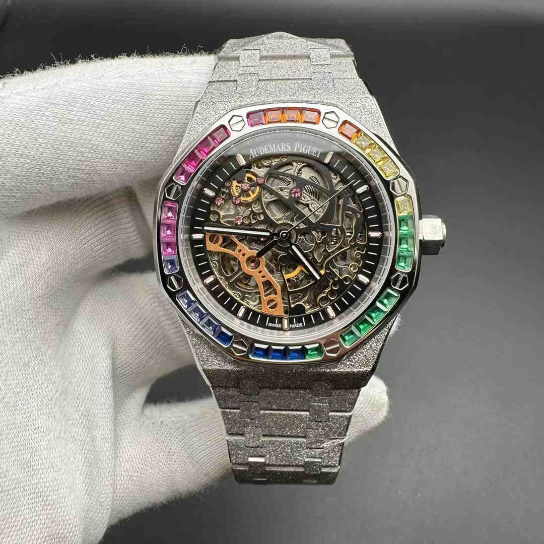 AP Royal Oak AAA+ automatic Frosted silver case 42mm Skeleton dial Rainbow baguette diamonds bezel. A45