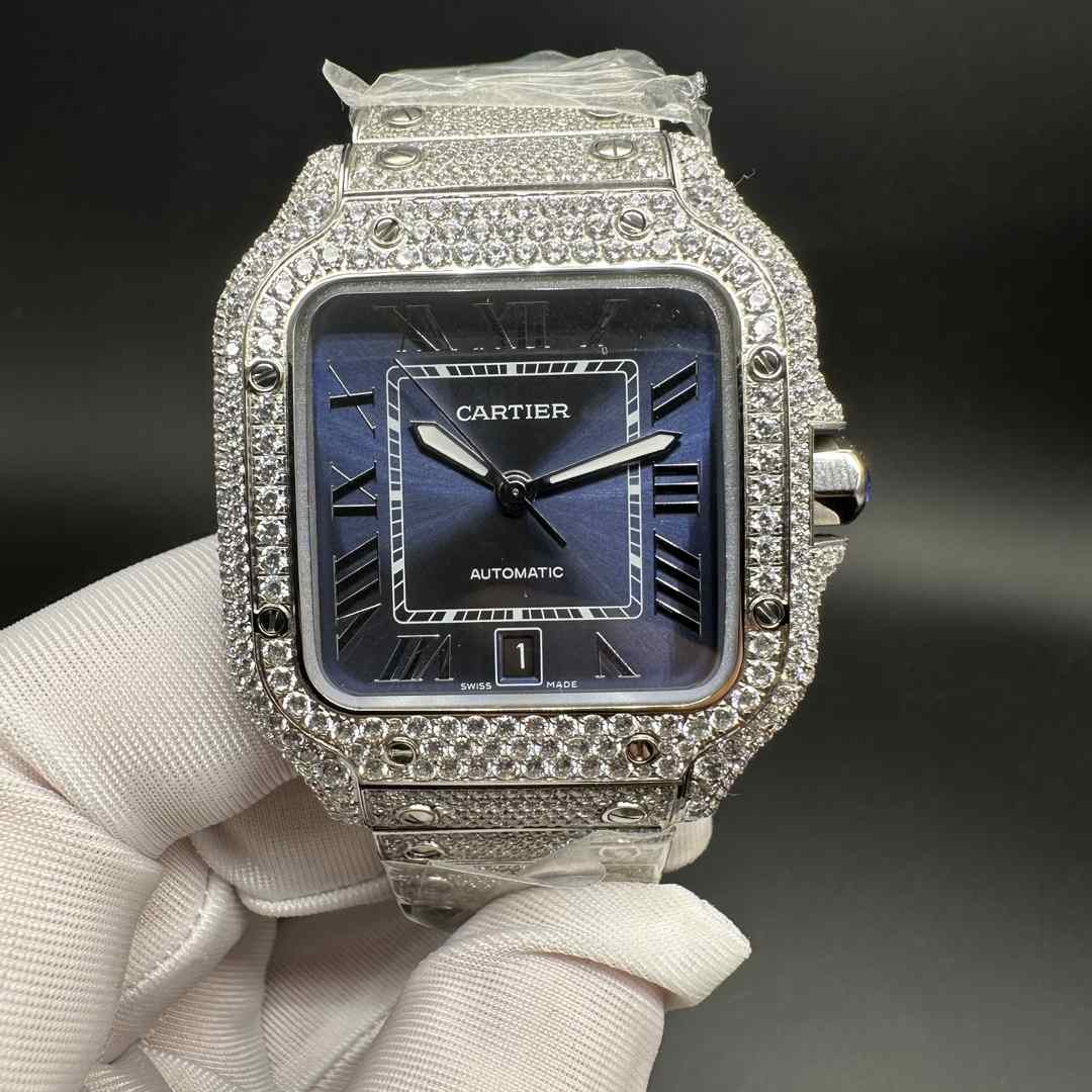 Cartier Santos TW factory automatic Swarovski diamonds silver case 38.5mm blue dial. E90