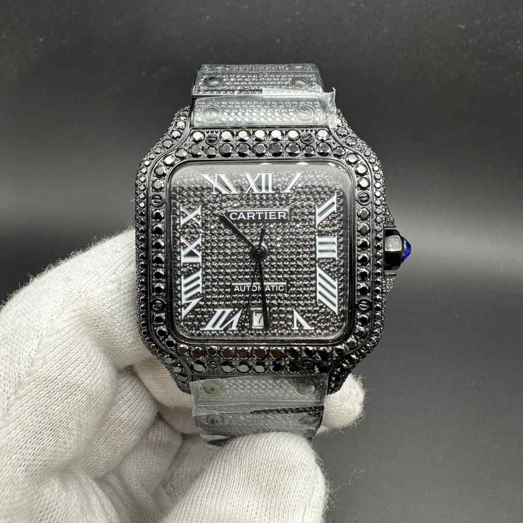 Cartier Santos automatic CZ diamonds black case 38.5mm black dial. E40