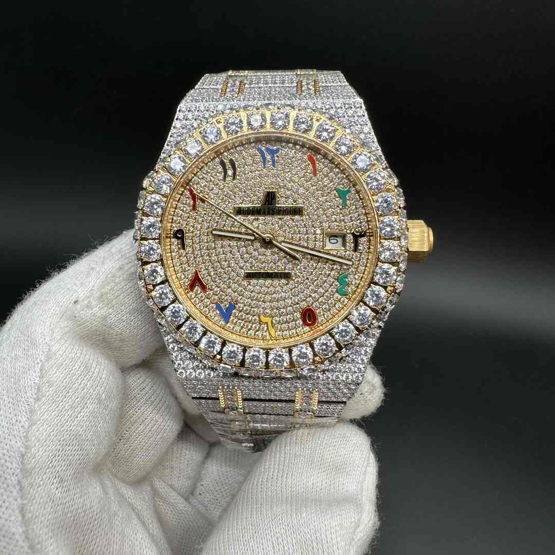 AP Royal Oak 15400 Miyota automatic two tone yellow gold case 42mm Rainbow Arabic CZ diamonds gold face  C50
