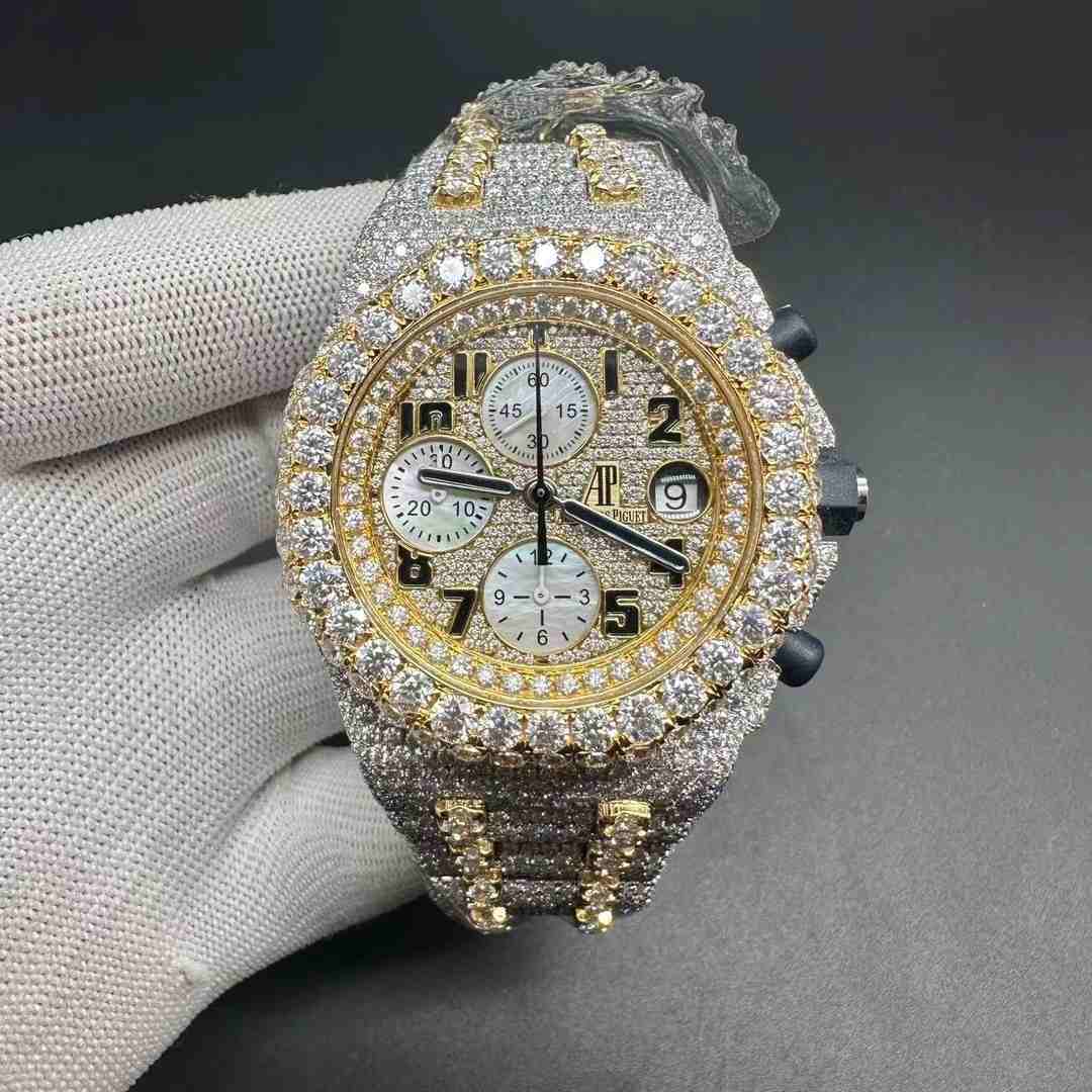 AP Moissanite diamonds can pass diamonds tester Chronograph 7750 automatic two tone yellow gold color.  3000$
