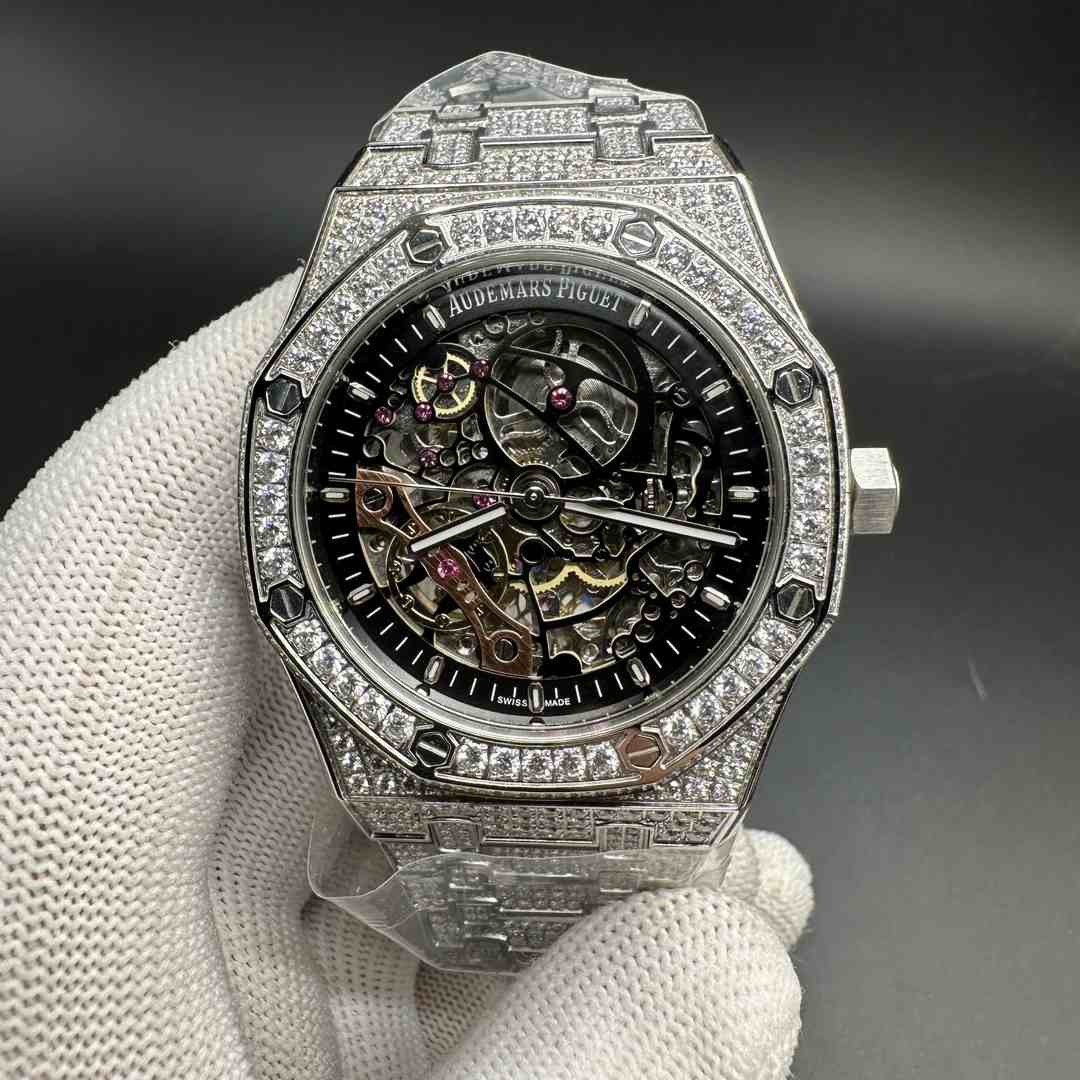 AP Royal Oak automatic movement CZ diamonds silver case 42mm Skeleton dial. B90