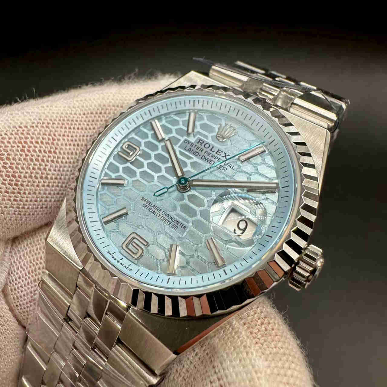 Oyster Perpetual Land-dweller 36mm Swiss automatic blue fluted dial jubilee band. C98