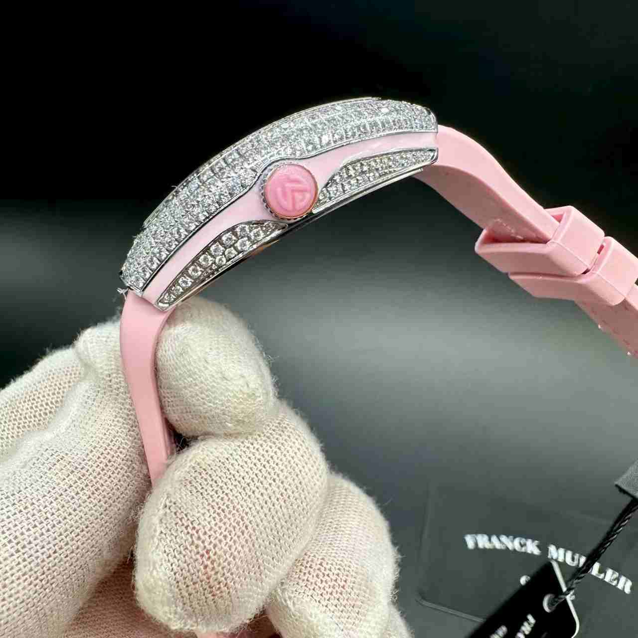 FM V32 women quartz movement diamonds silver case pink dial pink leather strap. A50