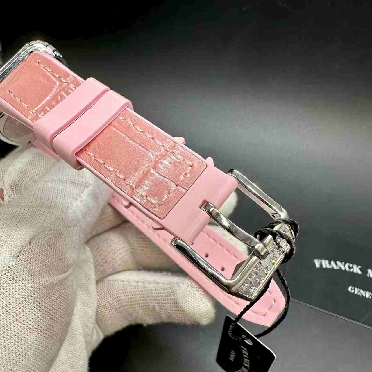 FM V32 women quartz movement diamonds silver case pink dial pink leather strap. A50