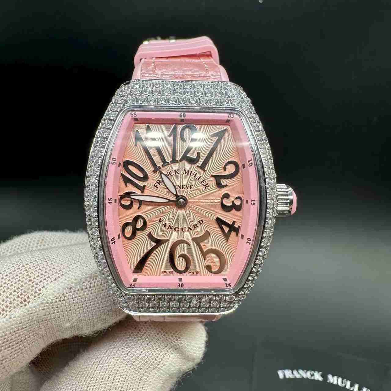 FM V32 women quartz movement diamonds silver case pink dial pink leather strap. A50