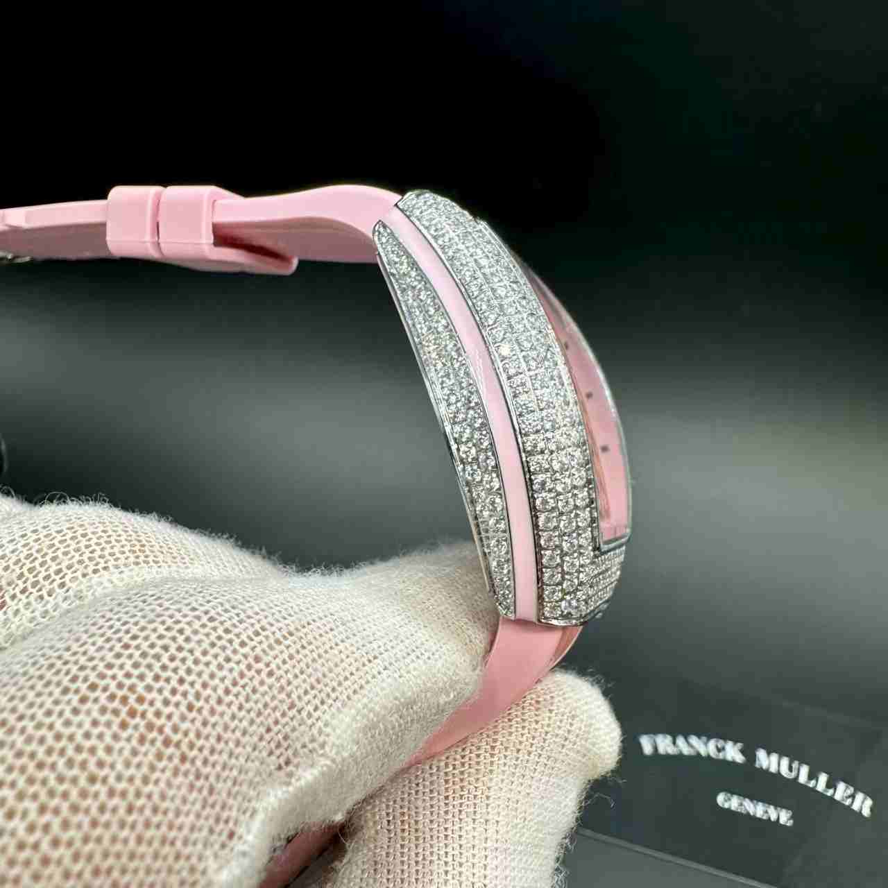 FM V32 women quartz movement diamonds silver case pink dial pink leather strap. A50