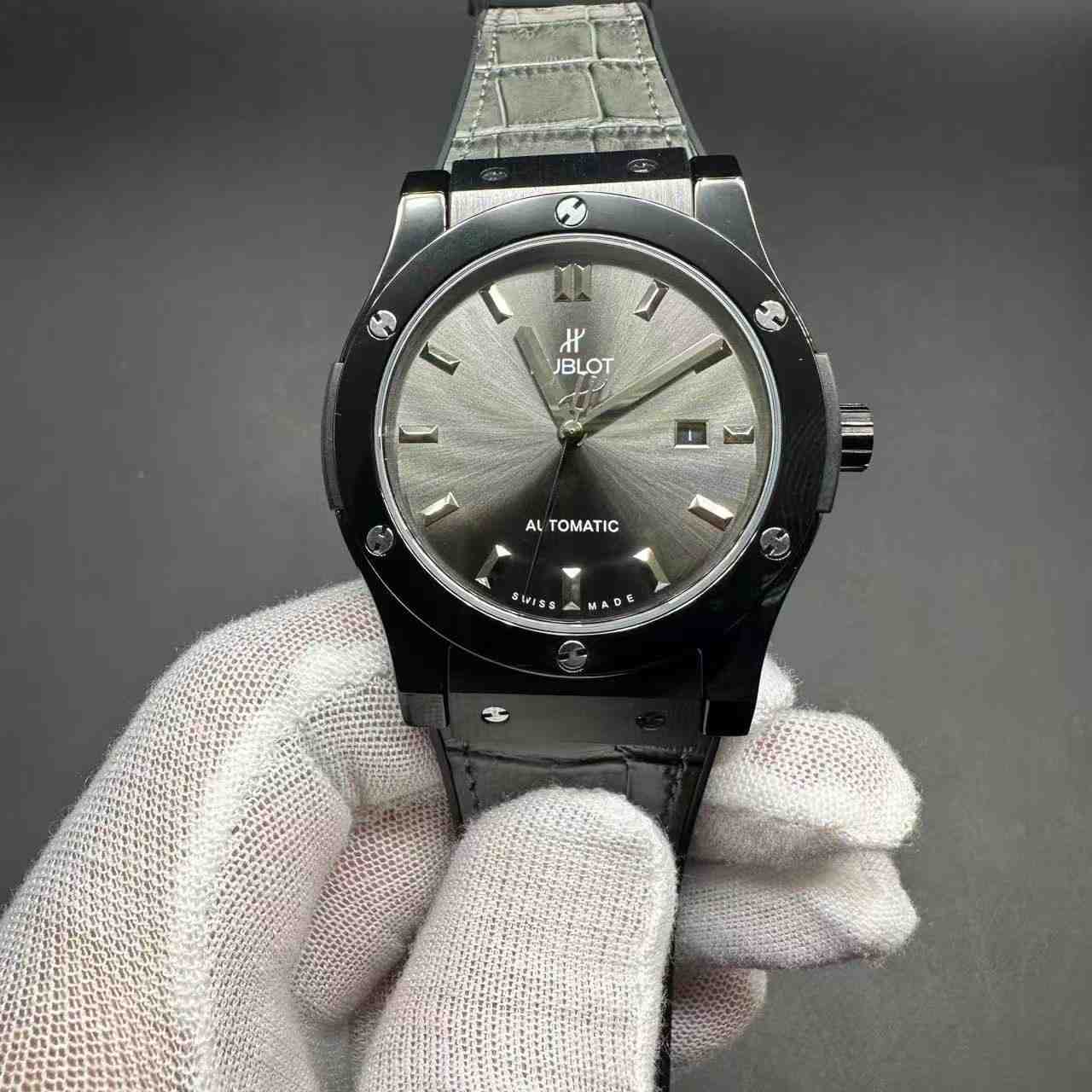Hublot AAA+ Miyota automatic full black case gray strap. A30