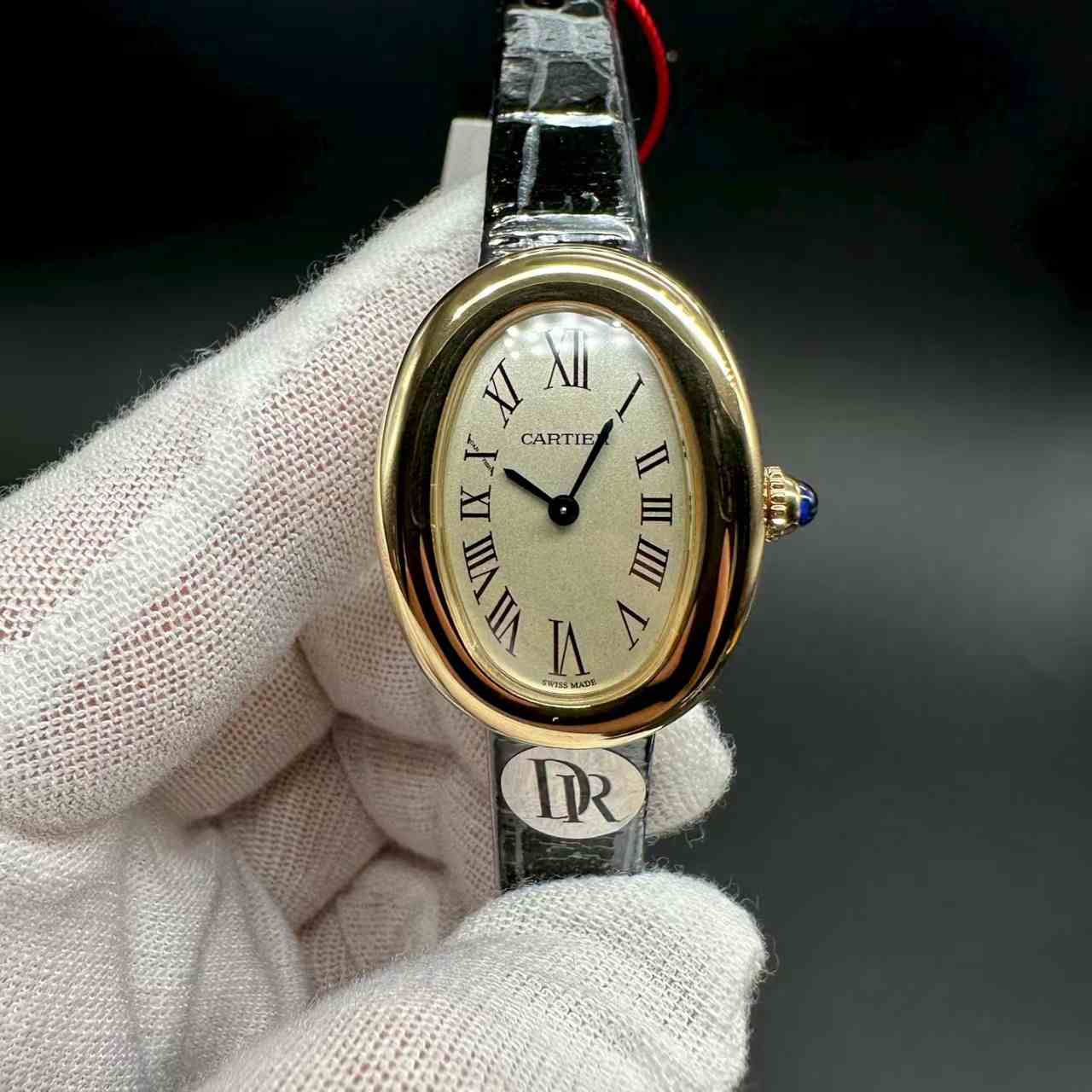 Cartier Swiss quartz DR factory yellow gold case 23mm black leather strap women watch B10