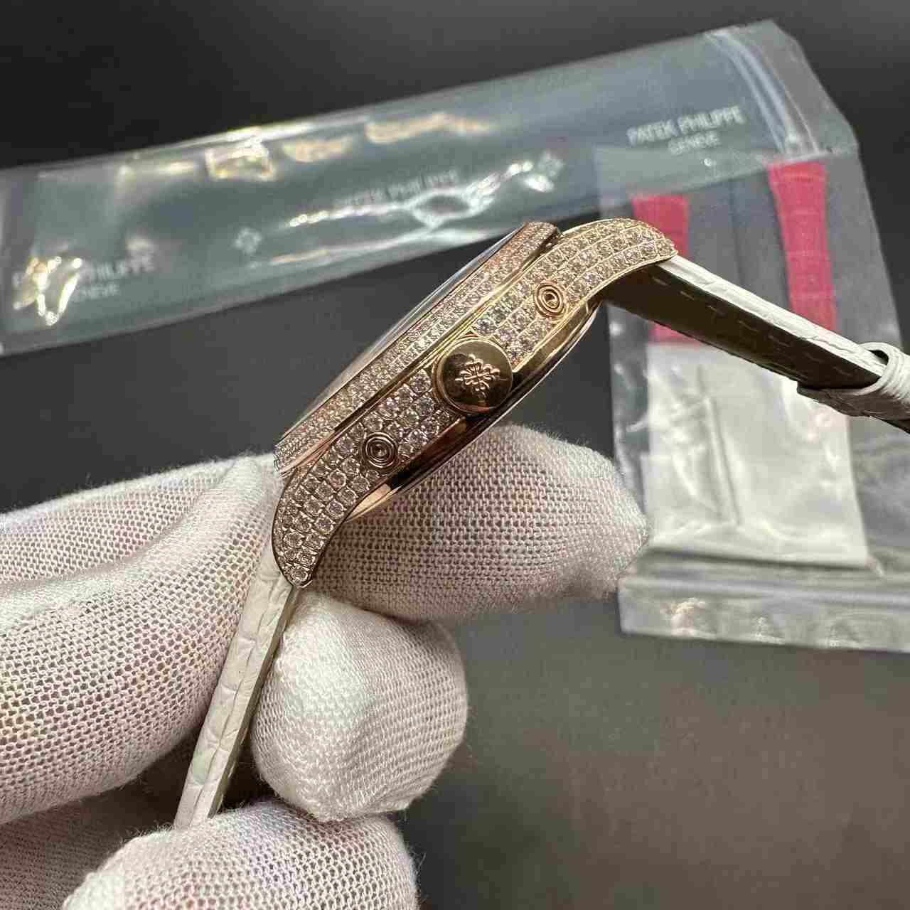 Patek Philippe 4948 Swiss automatic diamonds rose gold case 36mm white pearl dial white leather strap women watch. D50