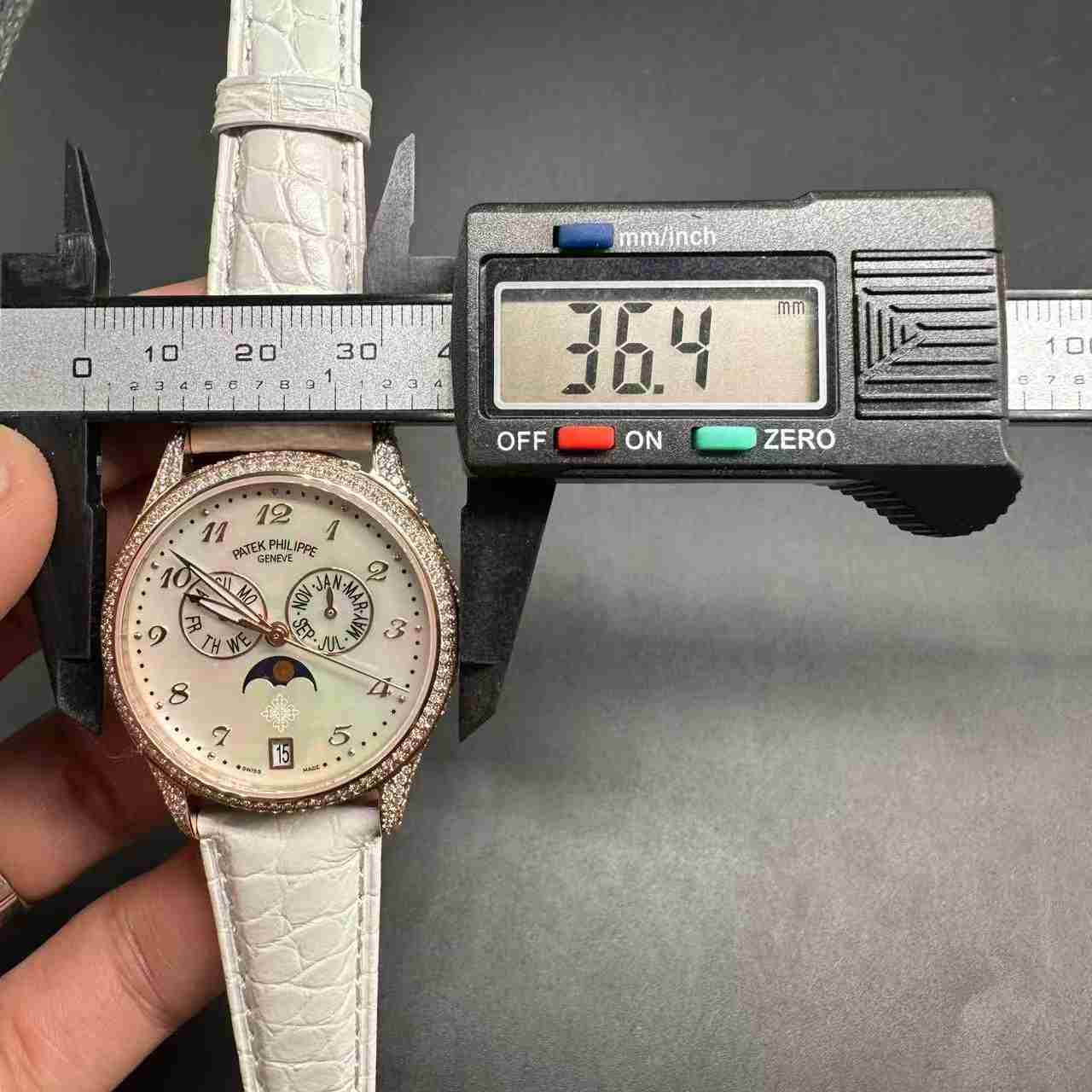 Patek Philippe 4948 Swiss automatic diamonds rose gold case 36mm white pearl dial white leather strap women watch. D50