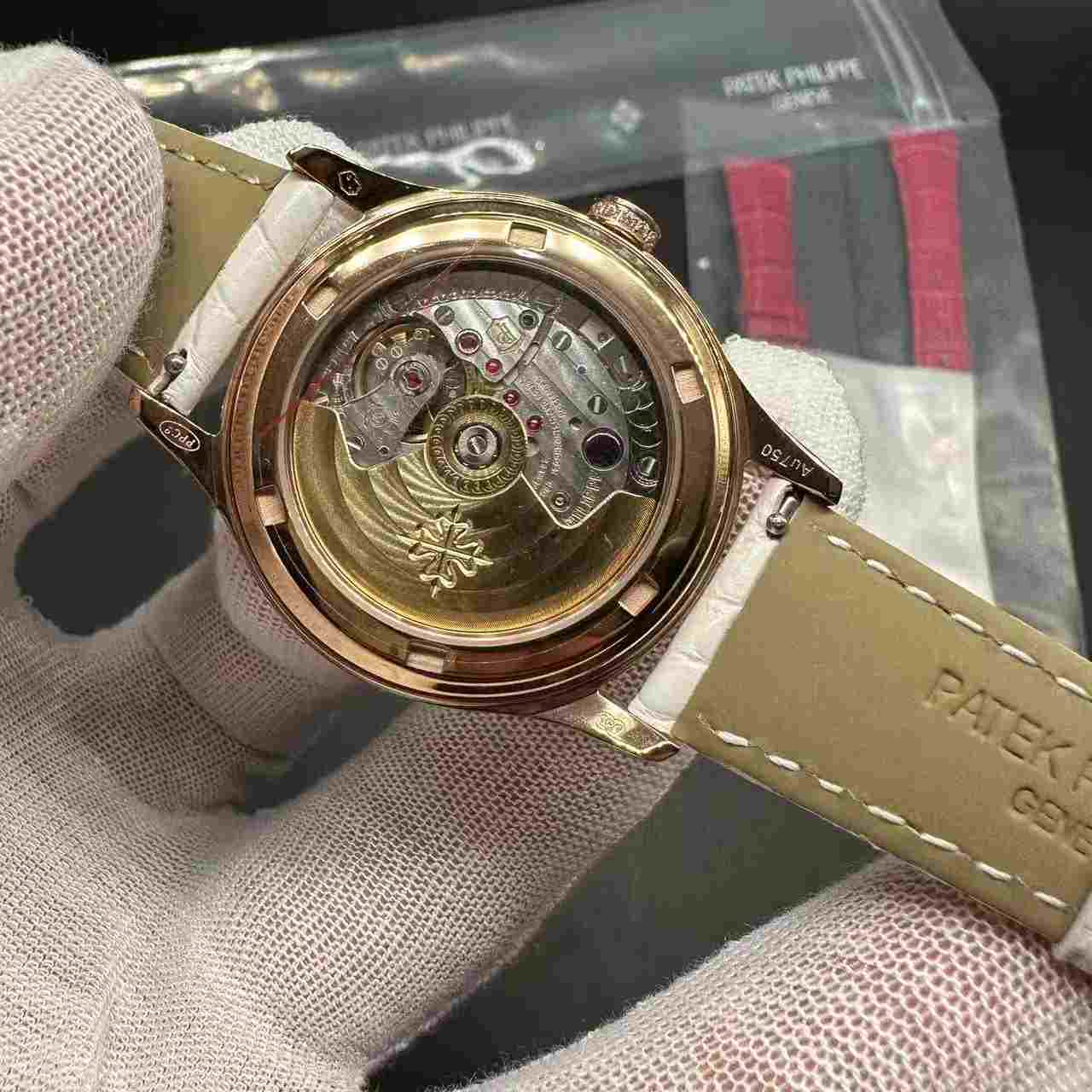 Patek Philippe 4948 Swiss automatic diamonds rose gold case 36mm white pearl dial white leather strap women watch. D50