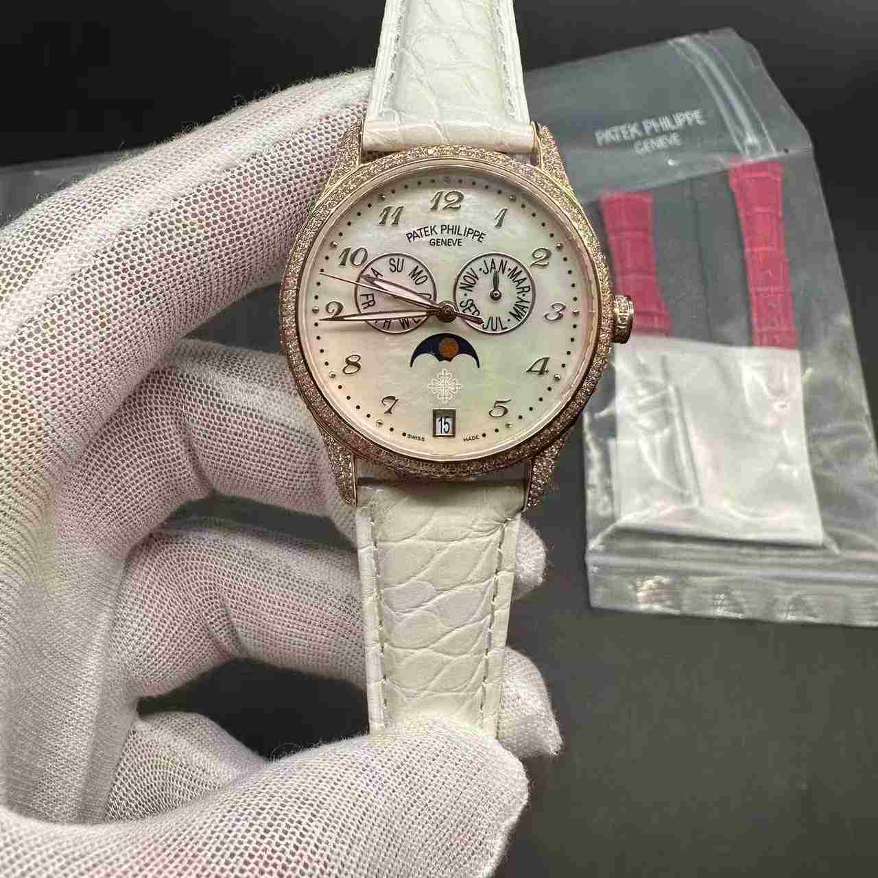 Patek Philippe 4948 Swiss automatic diamonds rose gold case 36mm white pearl dial white leather strap women watch. D50