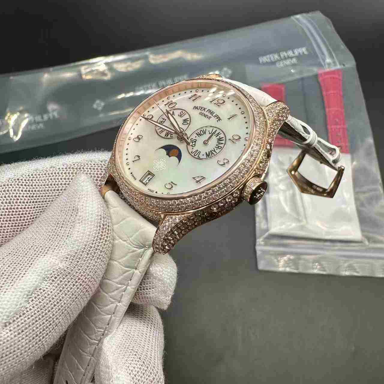 Patek Philippe 4948 Swiss automatic diamonds rose gold case 36mm white pearl dial white leather strap women watch. D50