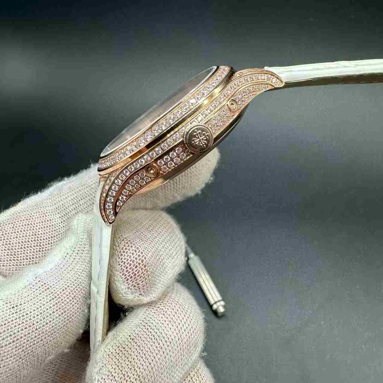 Patek Philippe 4948R Complications Swiss 26-330 automatic Diamonds rose gold case 38mm white pearl dial moon phases White crocodile leather strap women watch. D80