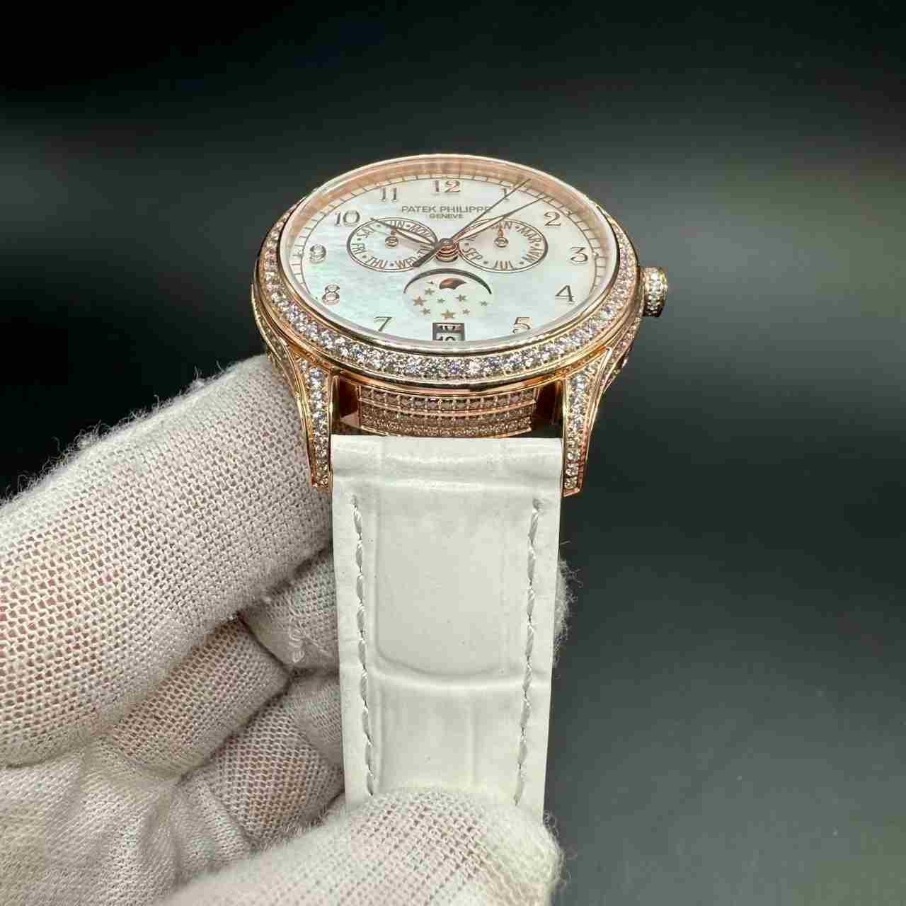 Patek Philippe 4948R Complications Swiss 26-330 automatic Diamonds rose gold case 38mm white pearl dial moon phases White crocodile leather strap women watch. D80