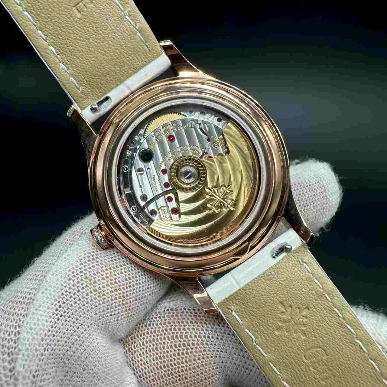 Patek Philippe 4948R Complications Swiss 26-330 automatic Diamonds rose gold case 38mm white pearl dial moon phases White crocodile leather strap women watch. D80