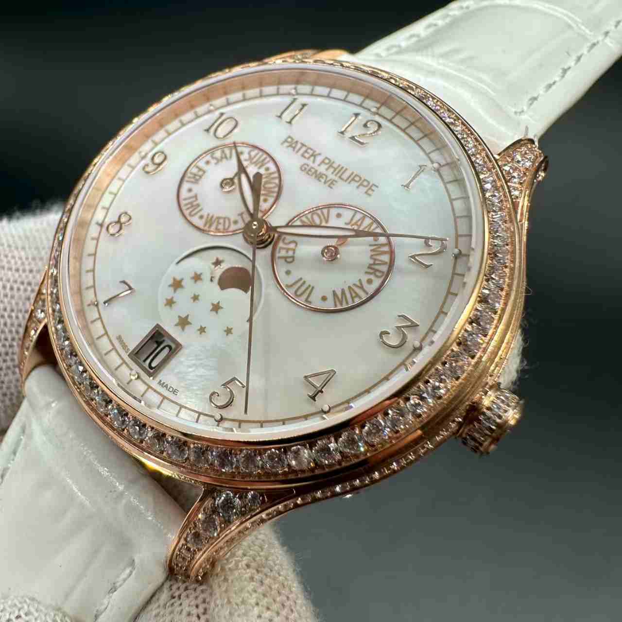 Patek Philippe 4948R Complications Swiss 26-330 automatic Diamonds rose gold case 38mm white pearl dial moon phases White crocodile leather strap women watch. D80
