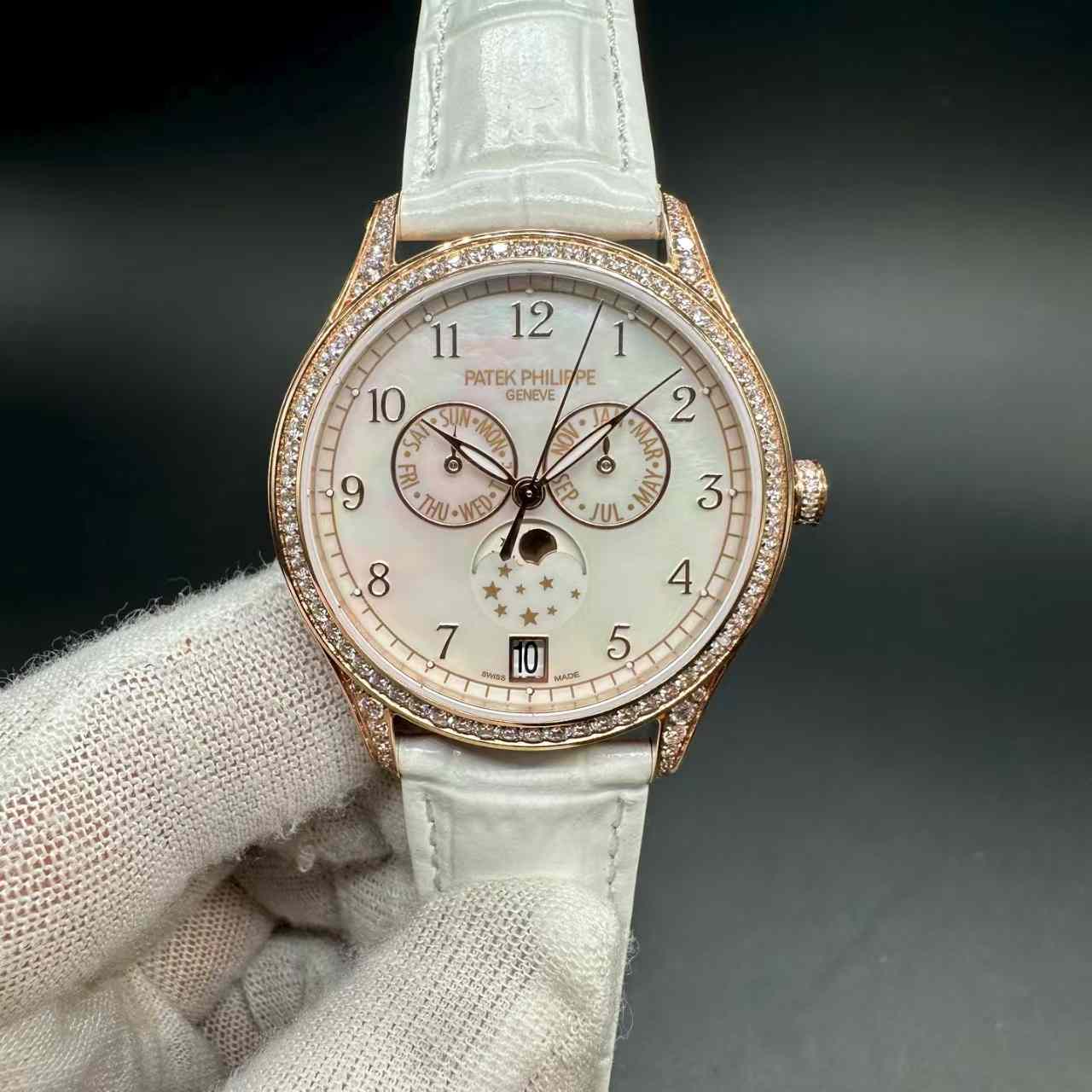 Patek Philippe 4948R Complications Swiss 26-330 automatic Diamonds rose gold case 38mm white pearl dial moon phases White crocodile leather strap women watch. D80