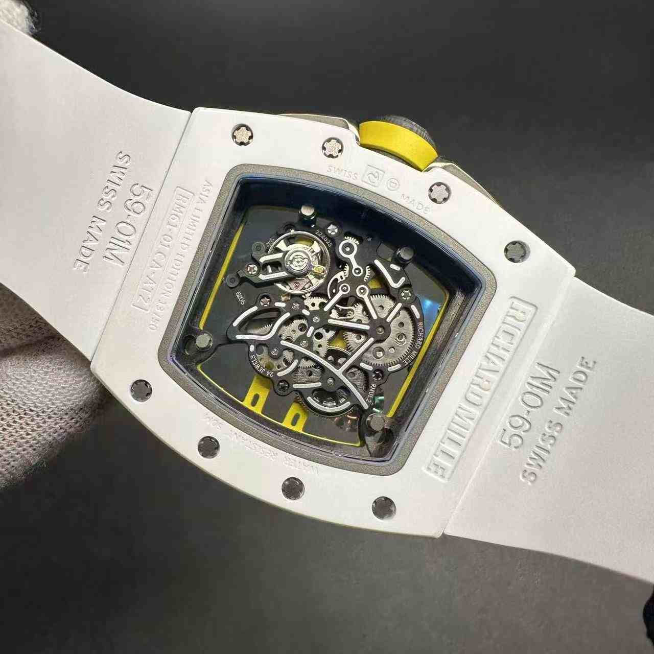 RM61-01 CA-ATZ skeleton tourbillon white ceramic case 50mm transparent dial white rubber strap. G80