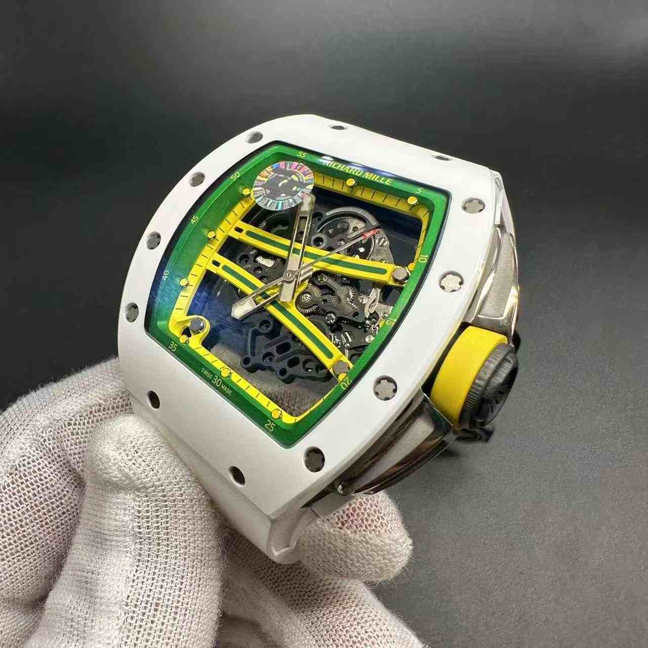 RM61-01 CA-ATZ skeleton tourbillon white ceramic case 50mm transparent dial white rubber strap. G80