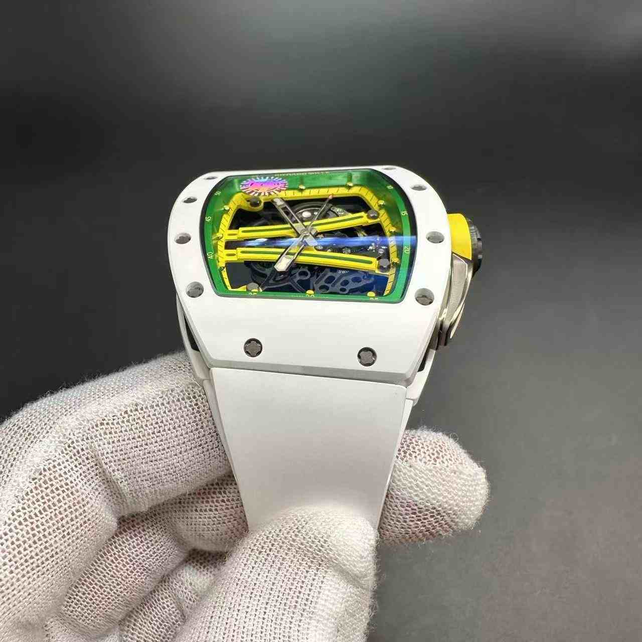 RM61-01 CA-ATZ skeleton tourbillon white ceramic case 50mm transparent dial white rubber strap. G80