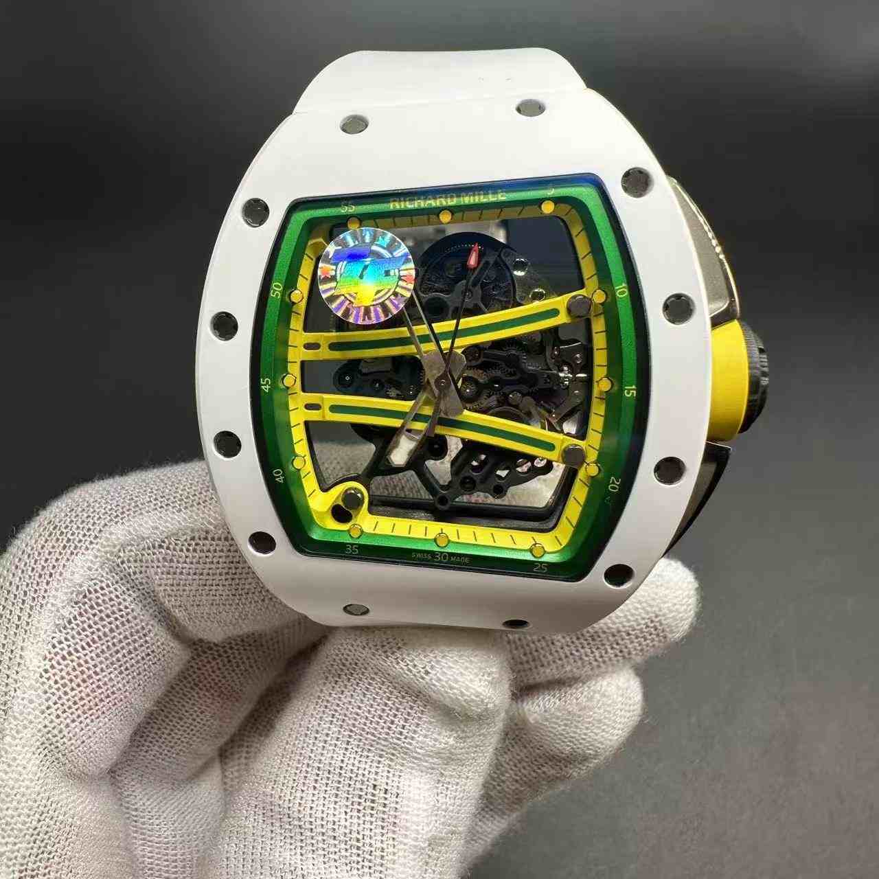 RM61-01 CA-ATZ skeleton tourbillon white ceramic case 50mm transparent dial white rubber strap. G80