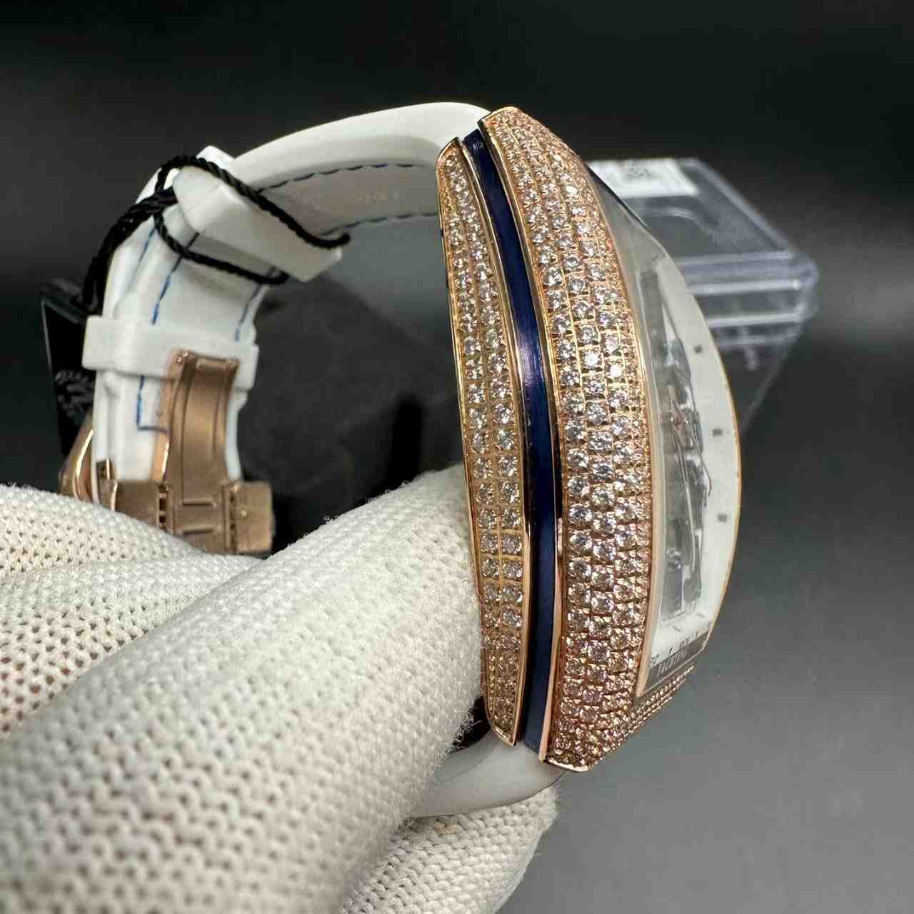 FM V45 ABF 2824 automatic Diamonds rose gold case White dial White rubber strap. C50