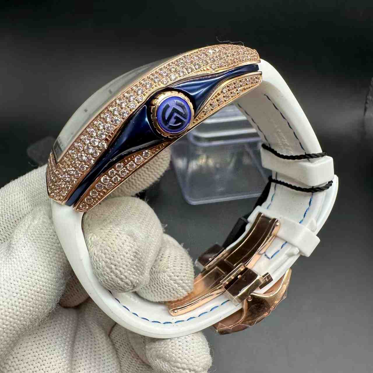 FM V45 ABF 2824 automatic Diamonds rose gold case White dial White rubber strap. C50