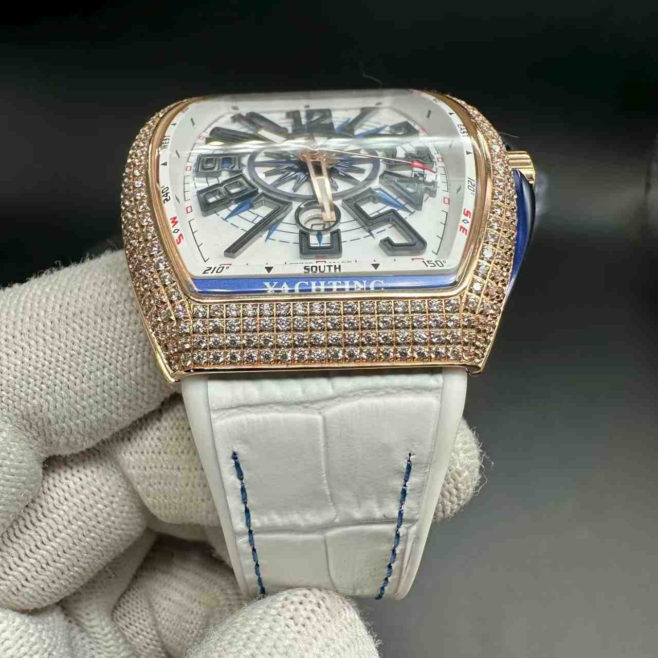 FM V45 ABF 2824 automatic Diamonds rose gold case White dial White rubber strap. C50