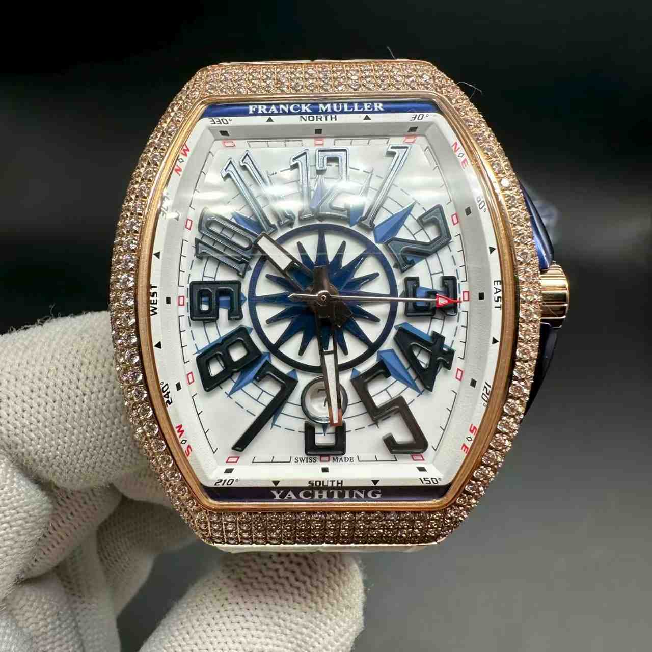 FM V45 ABF 2824 automatic Diamonds rose gold case White dial White rubber strap. C50