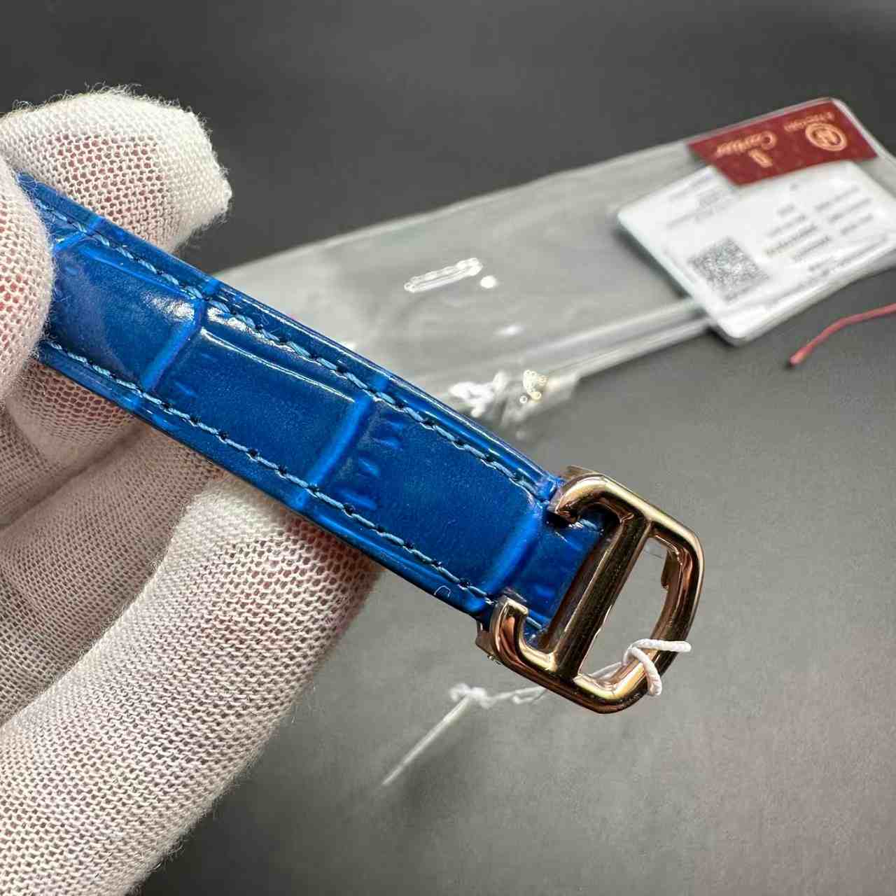 Cartier Ballon Bleu AF automatic movement rose gold case 33mm diamonds white dial Blue leather strap women watch. A76