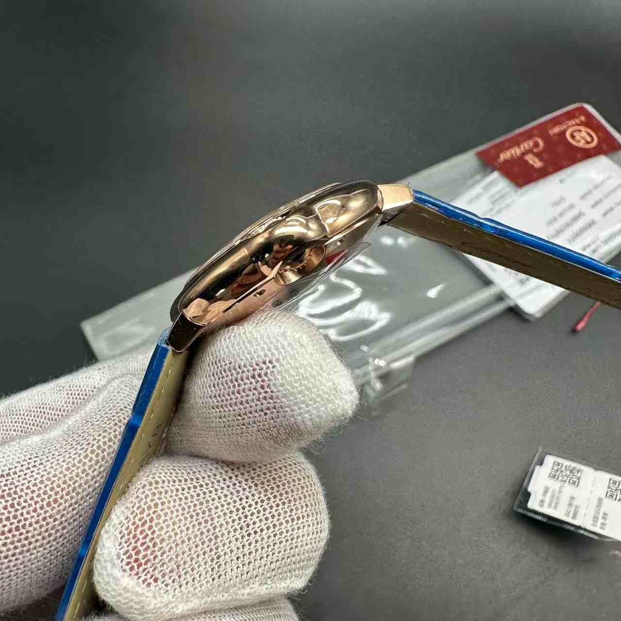 Cartier Ballon Bleu AF automatic movement rose gold case 33mm diamonds white dial Blue leather strap women watch. A76