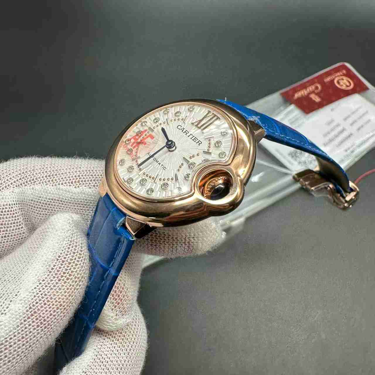 Cartier Ballon Bleu AF automatic movement rose gold case 33mm diamonds white dial Blue leather strap women watch. A76