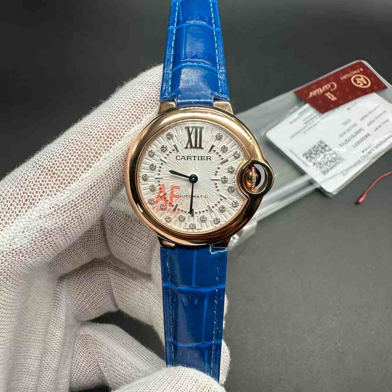 Cartier Ballon Bleu AF automatic movement rose gold case 33mm diamonds white dial Blue leather strap women watch. A76
